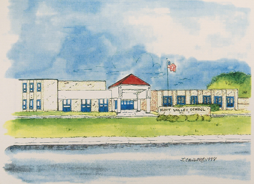 Photograph of a watercolor painting of Hunt Valley Elementary School.